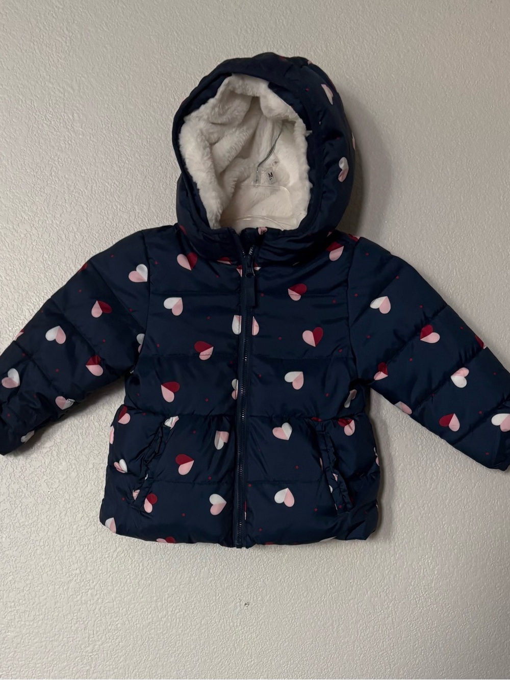 Kids Navy Heart-Print Puffer Jacket with Hood sz 2T